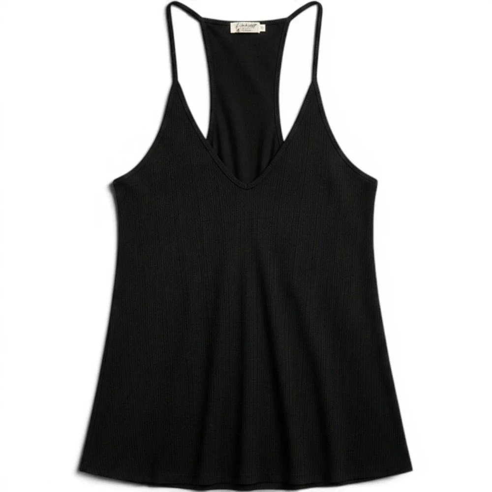Free People Intimately Tank Top M Black Ribbed V-Neck Racerback Boho Basic